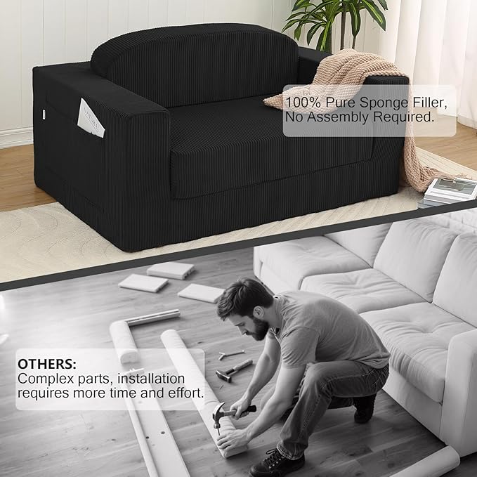MeMoreCool Convertible Sofa Bed Pull Out Loveseat Sleeper Sofa Small Boneless Cloud Couch Bed for Adults Fold Out Foam Love Seat Black Corduroy Folding Floor Couch for Bedroom