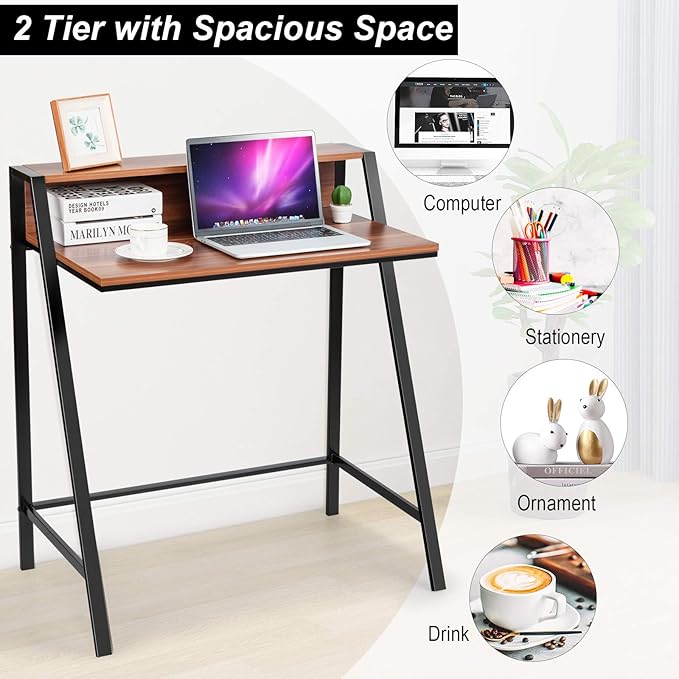 Tangkula Small Computer Desk Compact Home Office Desk with Sturdy Frame 2 Tier Study Writing Table for Small Place Apartment Office Desk for Bedroom Kid’s Desk