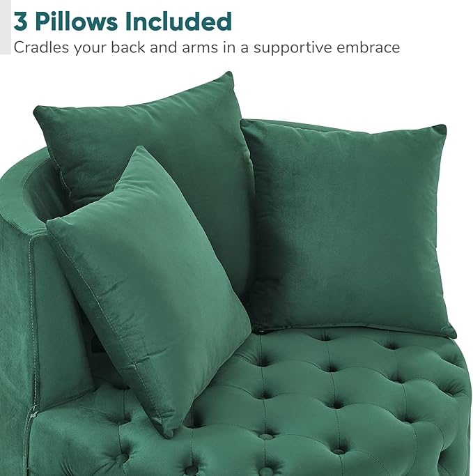 JOYBASE Swivel Barrel Chair Round Swivel Accent Chair with 3 Pillows Cozy Comfy Lounge Chair Circle Club Chair Armchair Modern Sofa Chair for Living Room Bedroom (Green Velvet)