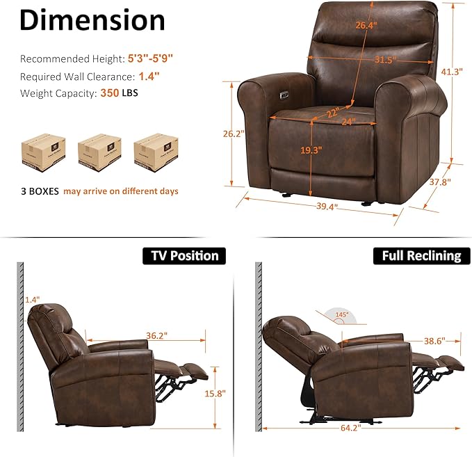 MCombo Power Wall Hugger Recliner Chair for Small Space RV Living Room USB &amp USB-C Charging Ports Modern Rolled Arm Recliner Faux Leather PR630 (Dark Brown Medium)