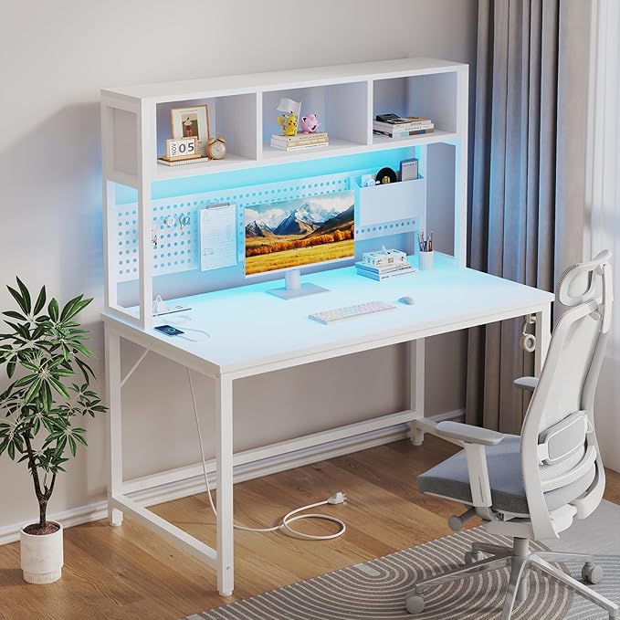 White Gaming Desk with Hutch and Pegboard - Computer Desk with Hutch Power Outlet 47 Inch Art Desk with Storage Hooks RGB and Side Bag Writing Modern Study Teen Desks for Girl Bedroom Home Office
