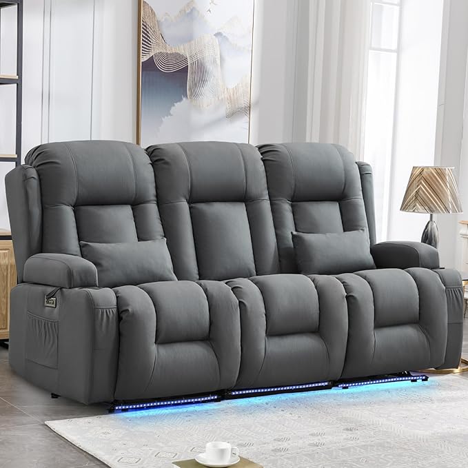 IPKIG Power Loveseat Recliner Sofa with Flip-Up Backrest Table AC Outlet LED Light Wall Hugger Recliners for Living Room RV Home Theater (Light Blue 3-Seater)