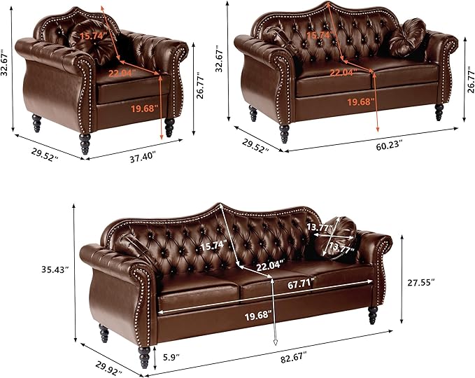Modern PU Tufted Couch 2 Seater with Rolled Arms and Nailhead Deep Button Nailhead Tufted Loveseat Leather Couch Roll Arm Classic Tufted Chesterfield Settee Leather Sofa for Living Room (Brown)