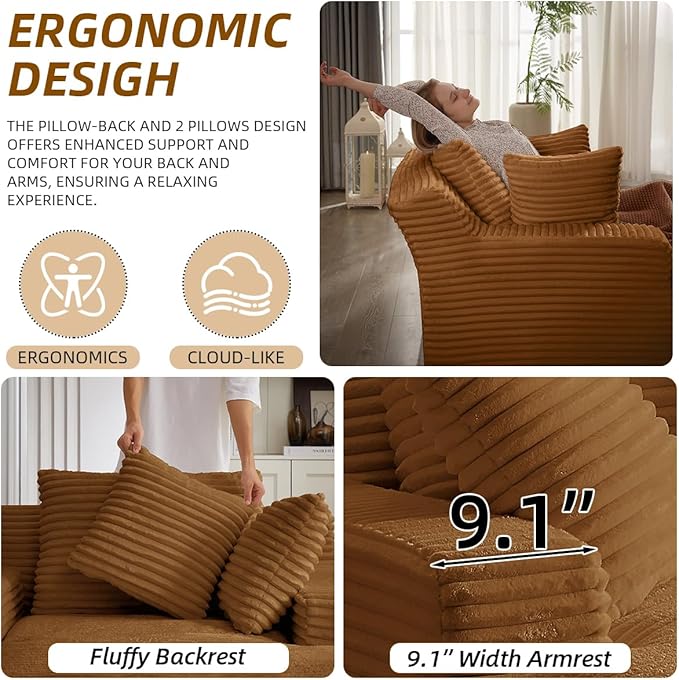 Oversized Chaise Lounge Chair Indoor Bedroom Comfy Corduroy Upholstered Sofa Chair Deep Seat Single Sofa Couch No Assembly Required Sleeper Chair Sofa for Living Room (Orange)