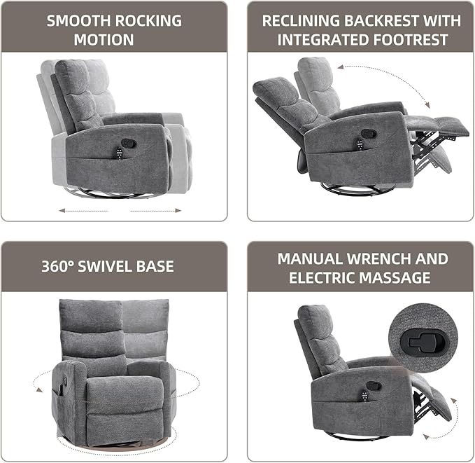 PELUMY 360° Swivel Rocker Recliner with Heat &amp Vibration Massage Glider Rocking Chair for Adults Compact Recliner for Living Room Small Spaces Nursery Bedroom (Chenille Grey)