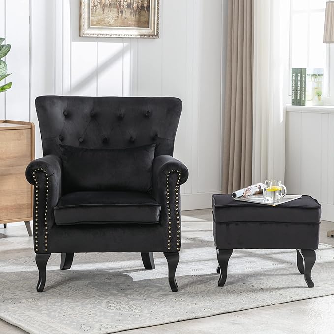 chairus Mid-Century Modern Accent Chairs with Ottoman Set of 2 Comfy Velvet Single Sofa Chair Button Tufted Wingback Armchairs with Pillow for Living Room/Bedroom/Club - Black