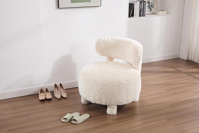 Upholstered Armless Chairs Modern Fur Accent Chair Cute Furry Chairs with Curved Backrest and Solid Wooden Legs for Living Room Bedroom Reading Room White