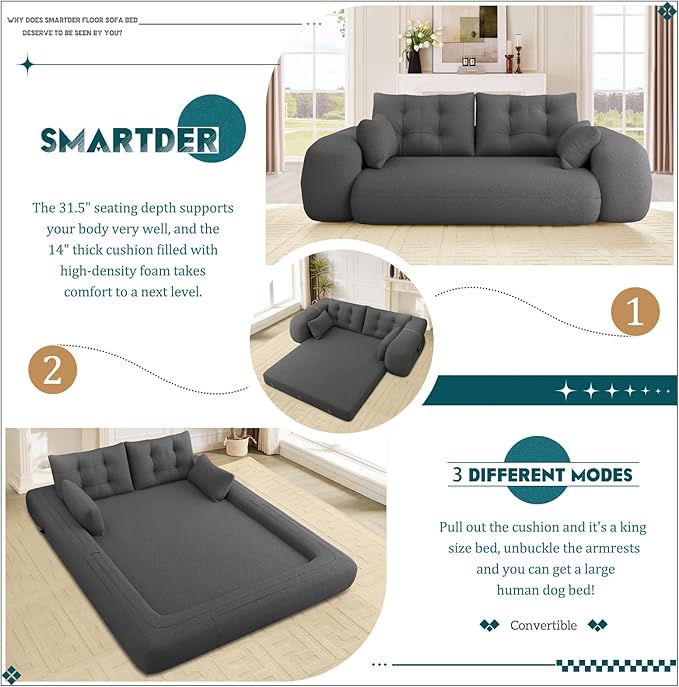 Convertible Sofa Bed with Folding Mattress Oversized Human Dog Bed 3-in-1 Sleeper Couch with Pillows and Thick Armrests 78.7 King Size Floor Sofa for Living Room Bedroom Guest Room Grey Teddy