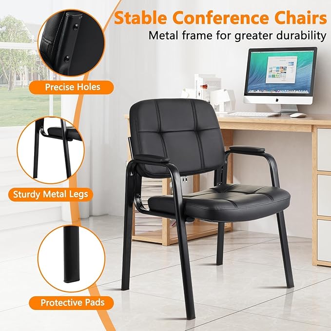 CLATINA Leather Guest Chairs Set of 6 Desk Chair No Wheels Office Reception with Padded Arms for Office Conference Waiting Room Black