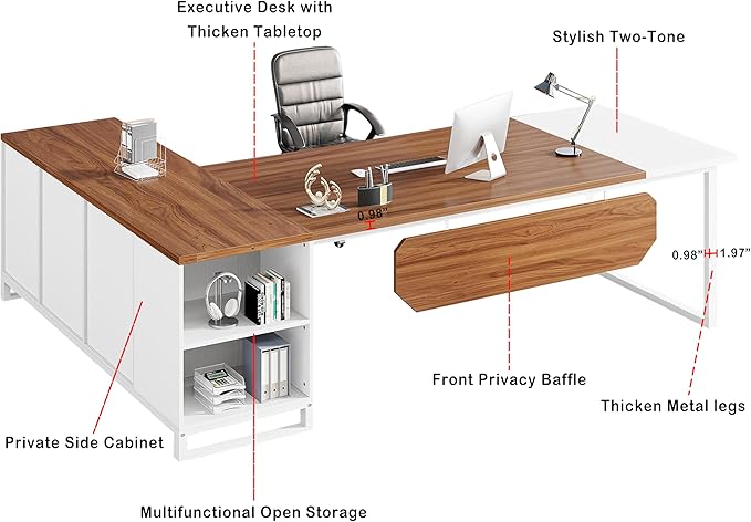 Oigavfd 70.8 L Shape Executive Desk with File Cabinet and Printer Stand L Shaped Computer Desk with Storage and Metal Frame Corner Desk for Home Office (Walnut White)