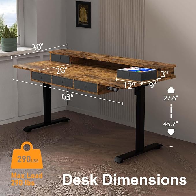 XINYAO Electric Standing Desk with 5 Drawers 63x30 Inch Extra Wide Height Adjustable Sit Stand Up Desk with Storage Support 290lbs Ergonomic Rising Table with Wheels for Home Office