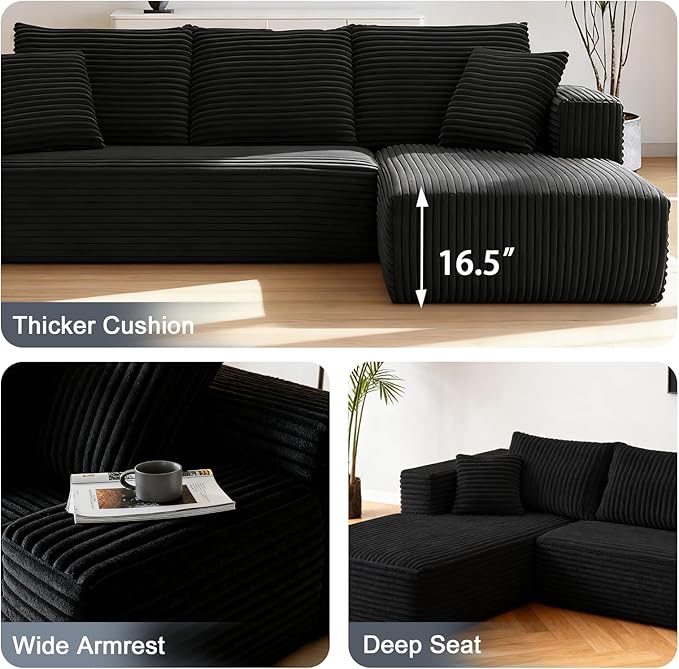 108 Boneless Couch L-Right Shape Sofa Couch with Chaise High-Resilience Memory Foam Corduroy Cloud Sectional Couches for Living Room Offices &amp Leisure Areas No Assembly Required Black