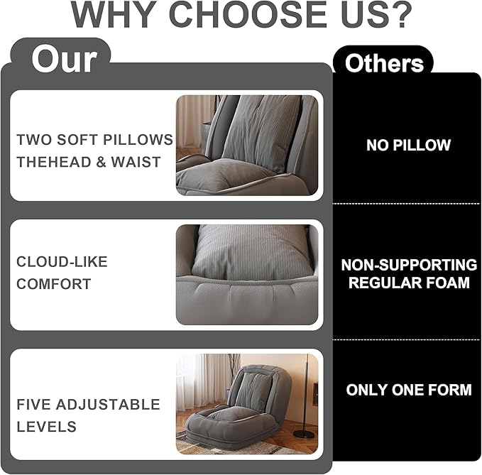 Montary Multifunctional Foldable Lazy Sofa Bed - 5-Position Ergonomic Design with 2 Soft Pillows Shared Lounger for Adults &amp Pets for Living Room Bedroom and Reading Nook (Grey)