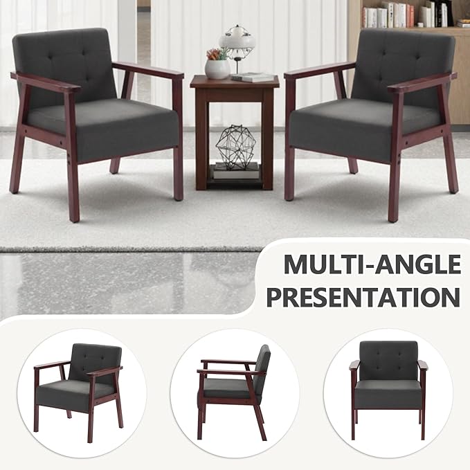 Mid-Century Accent ChairModern Fabric Living Room Chairs with Solid Wood FrameComfy Armchair Lounge Reading Chairs for Bedroom Office Small Spaces (Grey-Fabric)