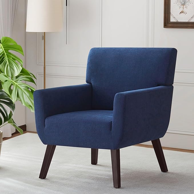 Upholstered Accent ChairMid Century Modern Office Fabric Small Living Room Chair with ArmComfy Wingback Armchair for Bedroom Reading Dark Blue
