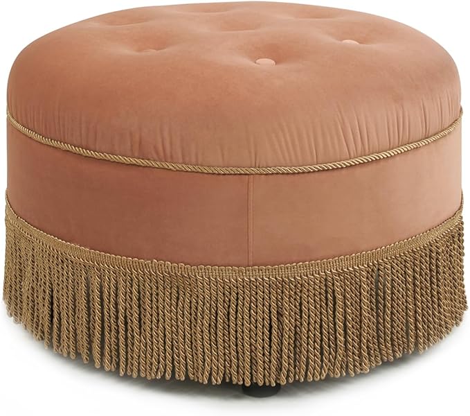 24 Velvet Round Ottoman with Medium Firm Foam Cushion &amp Gold Tassel Trim Sofa Bench with Upholstered Accent Footstool &amp Button-Tufted Seat for Living RoomBedroomOffice Orange