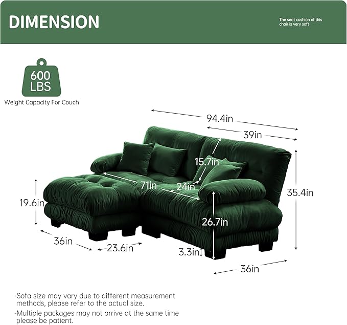 94.4 L-Shape Modular Cloud Sectional Sofa with Chenille Plush Fabric - 2 Seater Couch with Deep Seat and Movable Ottoman for Living Room Apartment and Office - Green