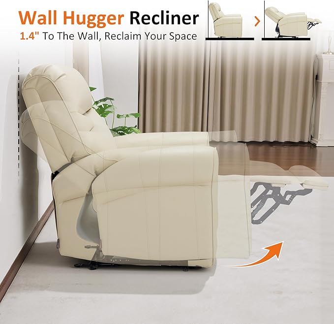 MCombo Power Wall Hugger Recliner Chair for Small Space RV Living Room USB &amp USB-C Charging Ports Modern Rolled Arm Recliner Faux Leather PR630 (Beige Medium)