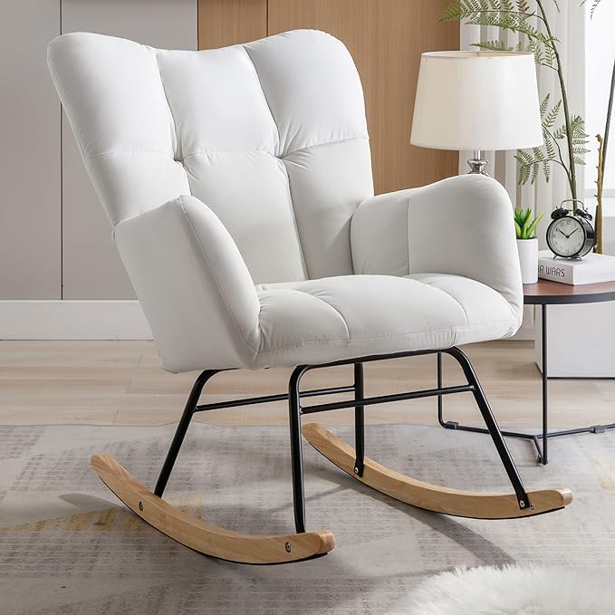 Mid Century Modern Velvet Tufted Upholstered Rocking Chair Padded Seat for Living Room Bedroom White