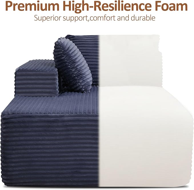 110 Boneless Sectional Couch with Chaise Lounge Cloud Couch Compressed Sofa L Shape No Assembly Memory Foam Sofa for Living Room Blue Corduroy