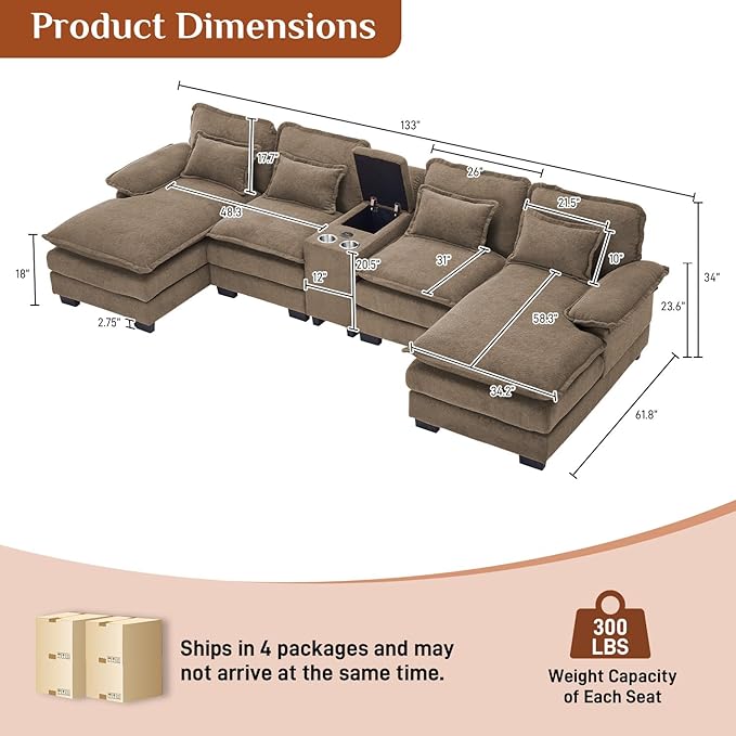 133 Oversized U Shaped Cloud Couch Modular Sectional Couches for Living Room Comfy Chenille Deep Seat Sofa Set with Double Chaise Lounge Storage Central Console Cup Holders USB Port Brown