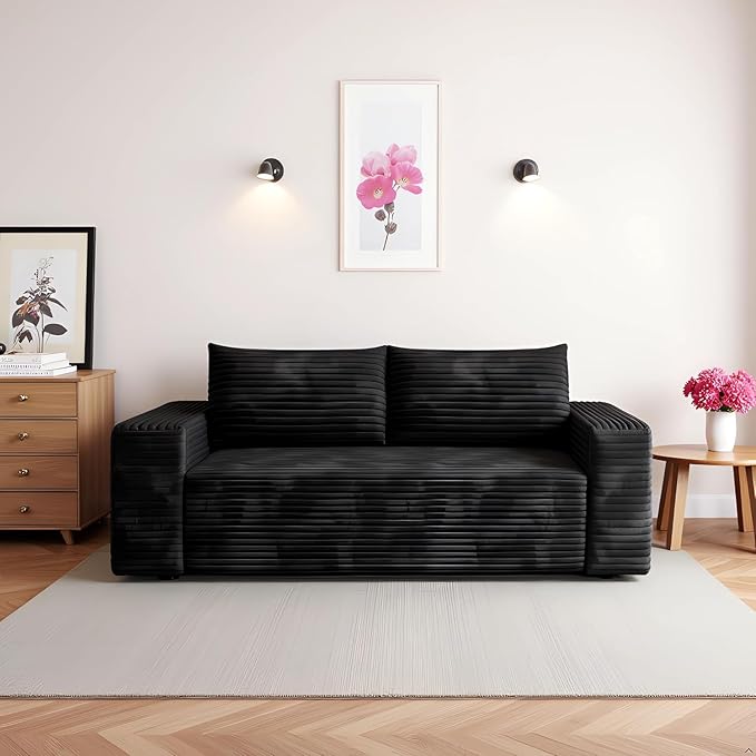 63 Cloud Loveseat Boneless Sofa Couch in a Box 2 Seater Foam Compression Couches Modern Living Room Floor Sofa Couch Corduroy Small Love Seat No Assembly Required Black