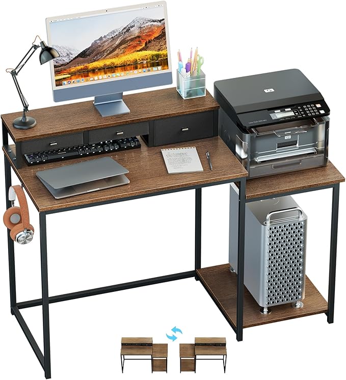 SINPAID 47 inch Computer Desk with Printer Shelf Gaming Desk with Monitor Stand and Drawers Reversible Home Office Desk with Storage Shelves and 2 Hooks Home Workstation for Study Writing Walnut