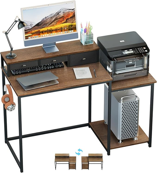 SINPAID 47 inch Computer Desk with Printer Shelf Gaming Desk with Monitor Stand and Drawers Reversible Home Office Desk with Storage Shelves and 2 Hooks Home Workstation for Study Writing Walnut