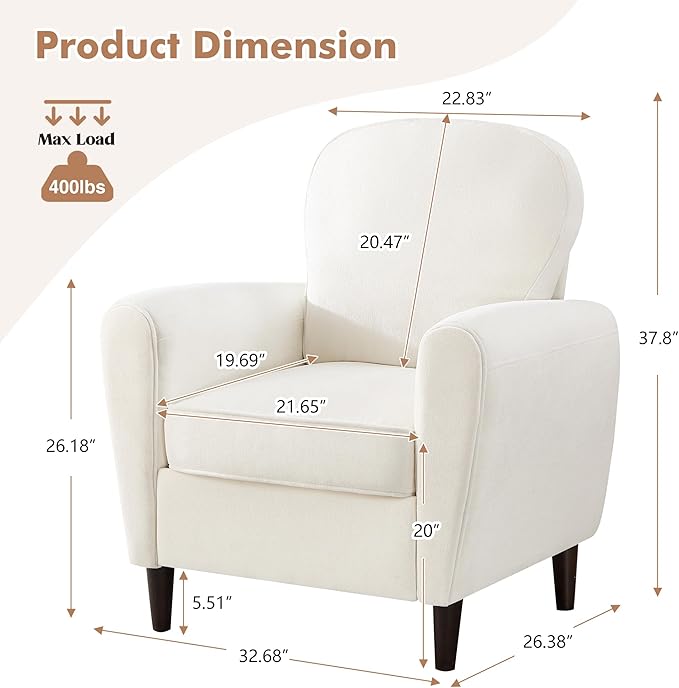 Accent Chair Mid Century Modern Arm Chair with Thick Cushion and Back Comfy Upholstered Reading Chair Single Sofa Chair for Living Room Bedroom Club Beige