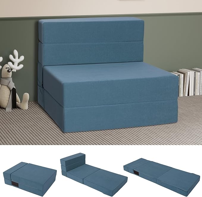 Folding Sofa Bed 4 in 1 Convertible Sleeper Chair with Washable Cover Memory Foam Fold Out Chair Bed Portable Floor Futon Sofa Couch for Living Room Dorm Guest Room Home Office Blue | Folding