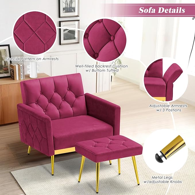 Velvet Accent Chair w/Adjustable Armrests and Backrests Tufted Single Sofa with Ottoman Upholstered Reading Chiar for Living Room Apartment Bedroom Fuchsia