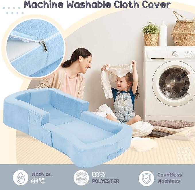 Toddler Travel Bed 2-in-1 Foldable Portable Toddler Bed Sofa Chair Soft Baby Kids Travel Floor Cot with Washable Covers Safety Foam Raised Bumper for Camping Hotel Sleeping (Blue)