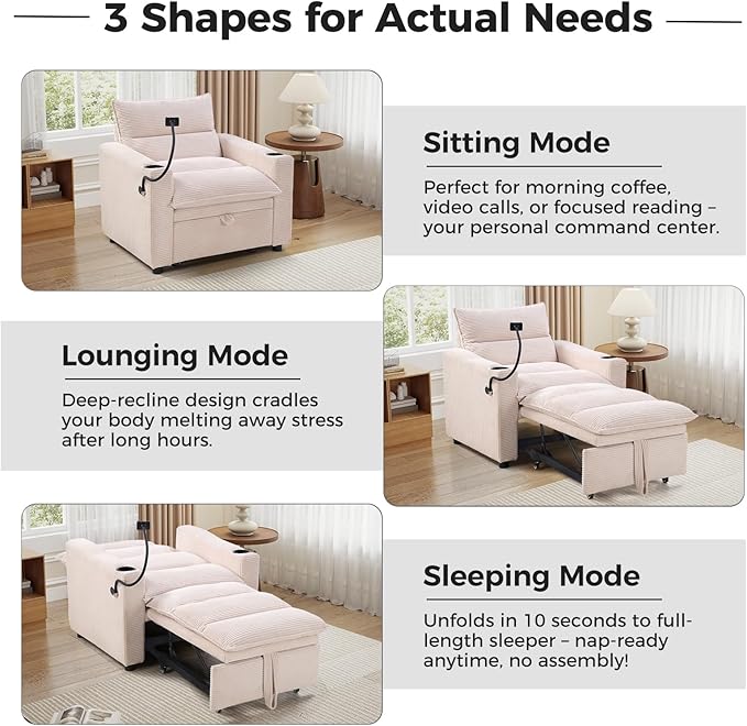 EBELLO Convertible Small Sleeper Sofa Chair 3-in-1 Corduroy Futon Sofa Bed 1 Seater Couch Daybed with Charging Ports Phone Cup Holders Adjustable Backrest for Small Living Room Beige