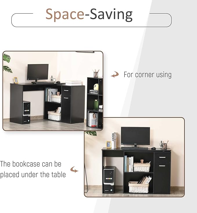 HOMCOM L Shaped Computer Desk 180° Rotating Corner Desk with Storage Shelves Drawer and Cabinet Study Workstation for Home Office Black