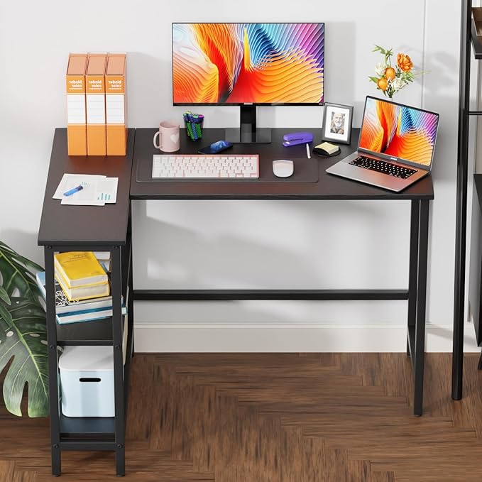 BLKMTY L-Shaped Computer Desk With Storage Shelves 39 Home Office Corner Desk for Small Spaces Reversible Study Writing Table Workstation Black