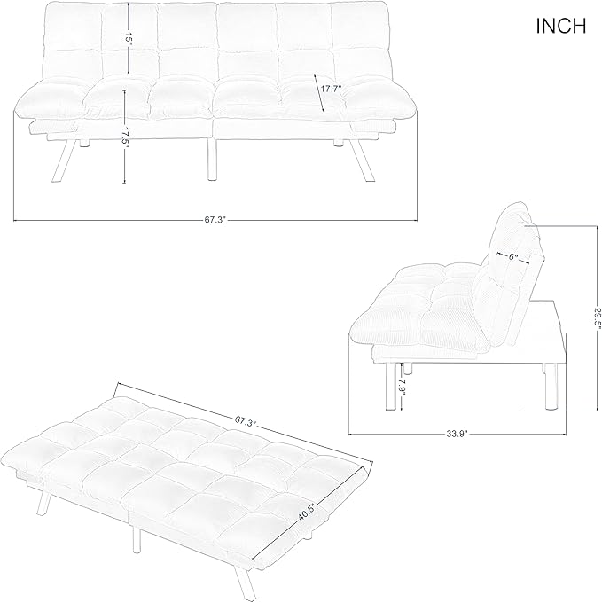 Black Modern Corduroy Convertible Folding Futon Couch Sofa BedArmless Cloud Double Loveseat Sofa Adjustable Backrest for Compact Living Dorm Game Studio Apartment Bedroom