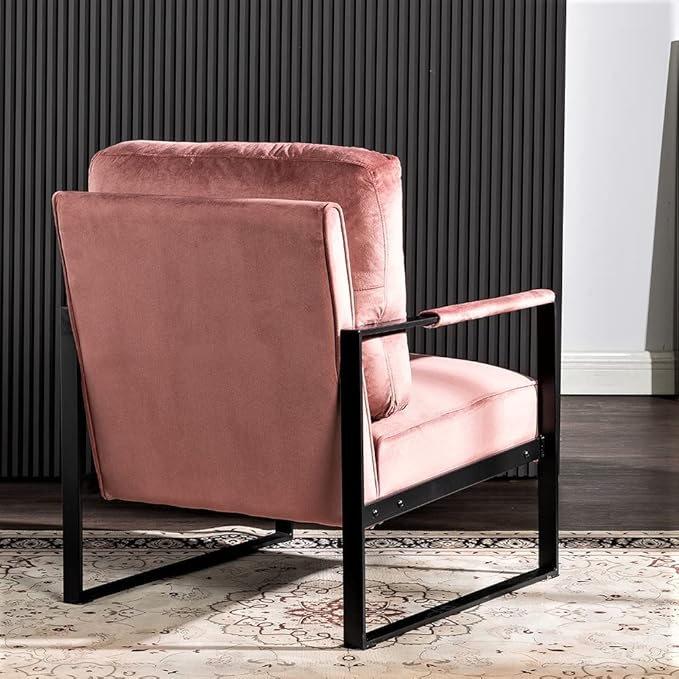Container Furniture Classic Mid Century Modern Accent Chair with Durable Square Metal Frame Armchair for Living Room Bedroom Home Office in Plush Velvet Upholstery Rose