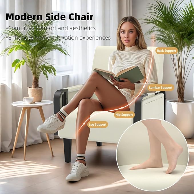 Faux Leather Accent Chair Modern Upholstered Armchair with Tray Table Comfy Reading Chair for Living Room Bedroom Guest Room Beige