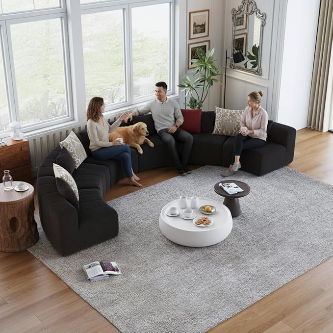 KEIKI Chenille Curved Sectional Sofa 6 Seat Symmetrical Modular Semi Circular Modular Couch Deep Seat Tufted Corner Sofa for Living Room Lobby Black