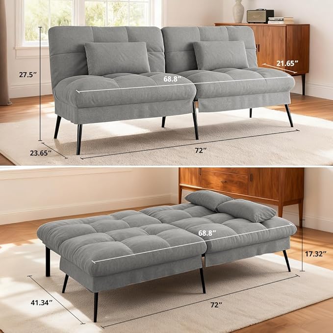 COMHOMA Convertible Futon Sofa Bed 72″Fabric Futons Couch with Adjustable Backrest Folding Sleeper Recliner for Living Room Furniture (Grey)