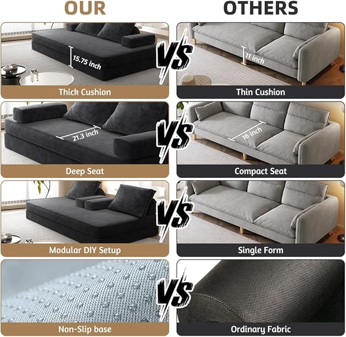 86.6 Queen Floor Sleeper Sofa Bed | Convertible Foam Folding Mattress Couch | King Size Futon Couch Bed for Adjustable Backrests | Sleeper Lounge Chair for Living Room Playroom Apartment Dark Grey