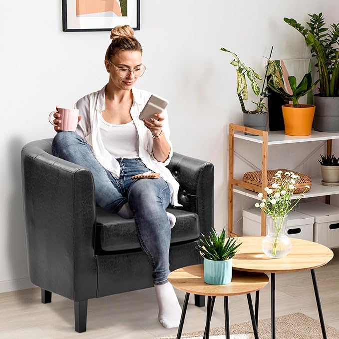 Naomi Home Emma Faux Leather Barrel Accent Chair – Modern Tufted Faux Leather Armchair with Wooden Legs Wide Seat Enhanced Back Support for Living Room Décor
