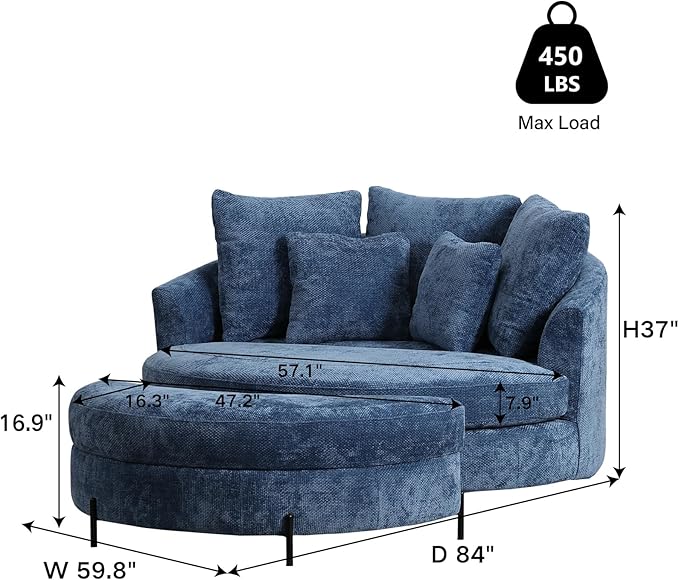 Chifee &amp Vingol 59.8 W Oversized Accent Barrel Chair Large Round Chair with Ottoman &amp Movable WheelsBlue