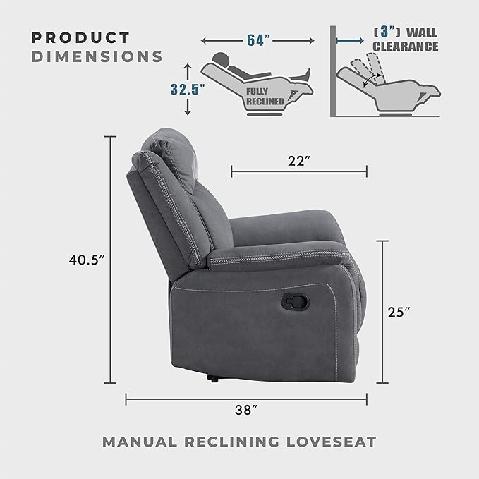 Lexicon Manual Double Reclining Loveseat Polished Microfiber Manual Wall Hugger Loveseat Recliner for Living Room Center Storage Console/Cup Holders Easy Assembly Gray