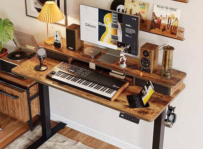 Cubiker 55 x 24 Electric Standing Desk with Double Storage Drawers Height Adjustable Home Office Computer Workstation 4 Adjustable Feet &amp 2 Hooks Rustic Brown