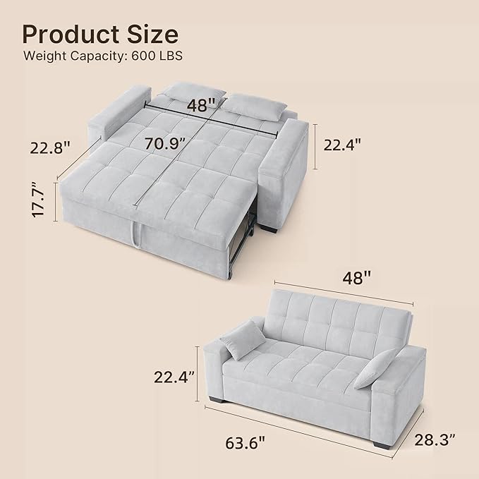 Gizoon Convertible Sofa Bed Futon Queen Size Sleeper Loveseat with Pull Out Couch 3 in 1 Velvet Fabric Futon Couch with Side Pockets Storage Armrest &amp Adjustable Backrest for Living RoomLight