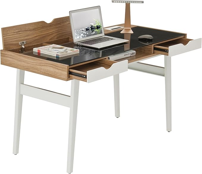 51 Compact Computer Desk with Black Tempered Glass Top Easy-Access Back Storage Compartment 2 Drawers Open Shelf and Cable Management Stylish Home Office Desk with White Steel Frame Walnut