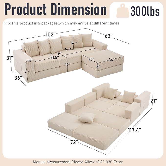 102 Upgraded L-shaped Modular Sectional Couches for Living Room Convertible Oversized Sleeper Sofa Bed-Luxury 1.5 Queen Bed. 11-in-1 Multifunctional Corduroy Boneless Folding Futon Couch Beige.