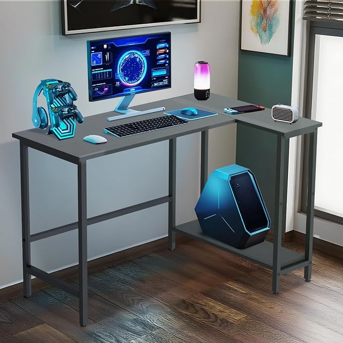 43Inch Corner Computer Desk Gaming Desk with Reversible Storage Shelves Left/RightSmall L Shaped Desk with 2-Tier Shelves &amp Adjustable Feet Pad for Home Office Gaming (39 Inch)