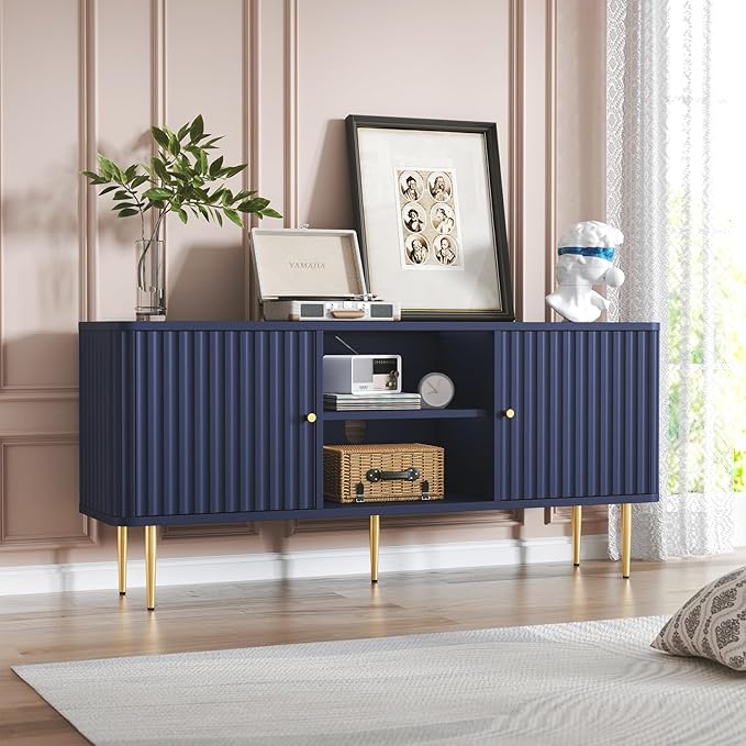 ARTPOWER 55” Fluted TV Stand Mid Century Modern Blue TV Stand for 55/60/65 inch TV Entertainment Center with Storage Television Stands TV Console Media Console for Living Room Bedroom (Blue)